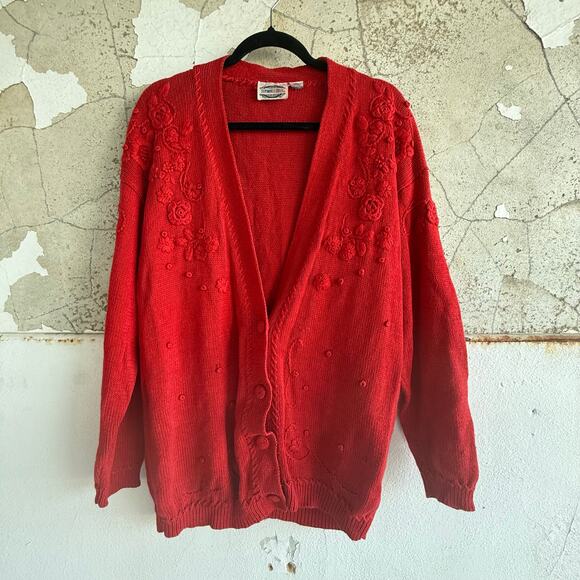 Vintage Cardigan Red Floral Embroidered Sweater 90s Women’s Knit Button Front M - Picture 1 of 6